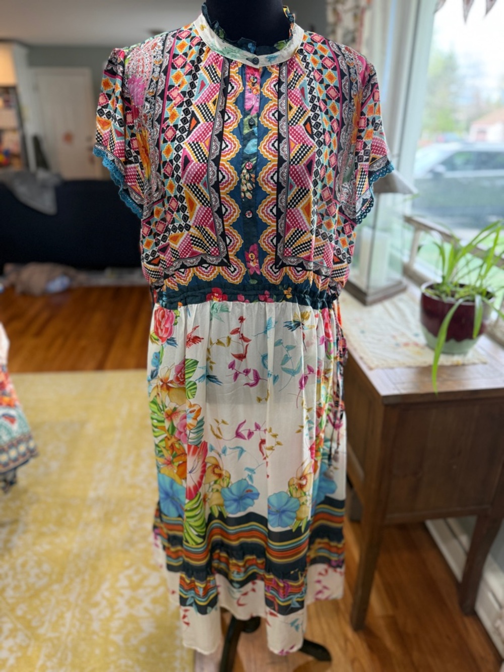 Johnny Was L Boho Floral Patchwork Midi Dress in Multicolor Wedding Season Ready
